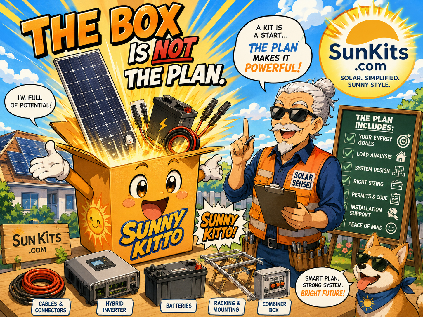 Manga style solar kit box with panels, batteries, and sunlight